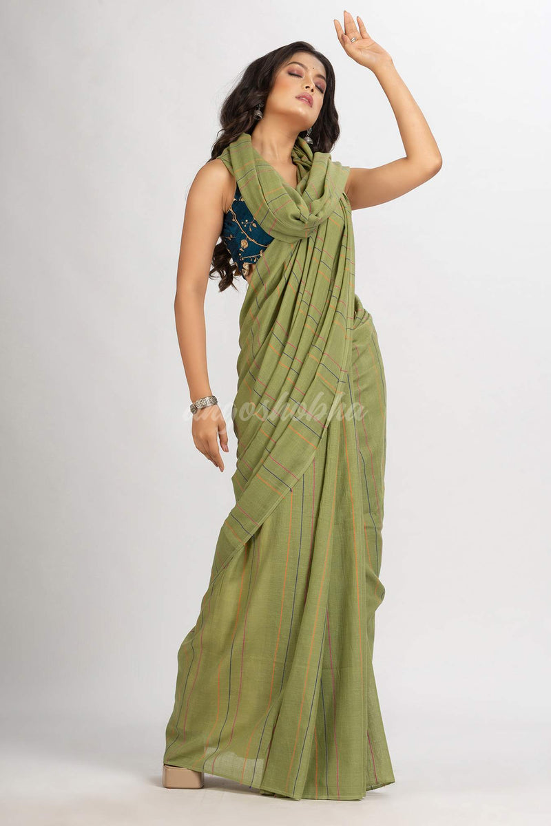 Sage Green Handwoven Cotton Jamdani handloom Saree
