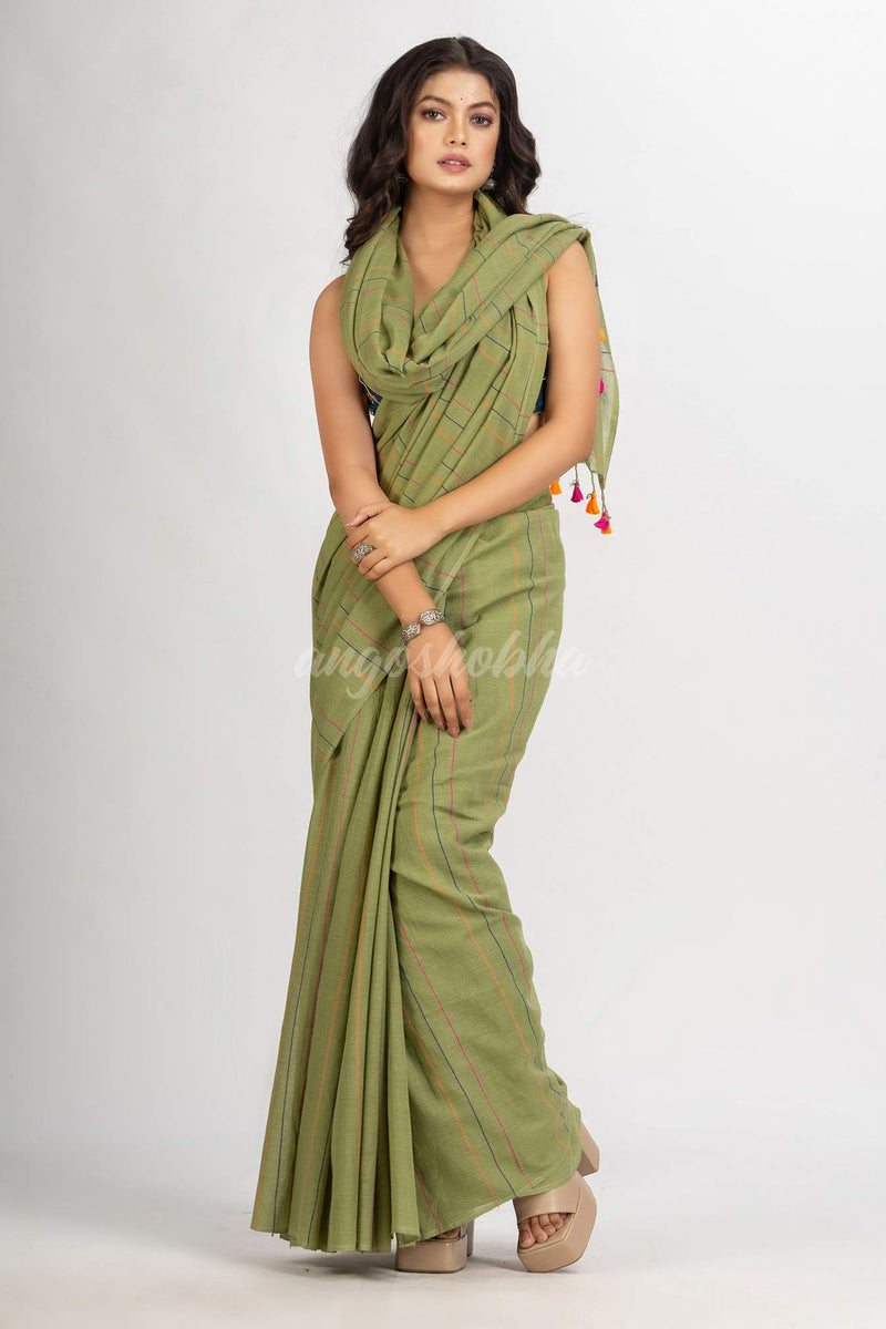 Sage Green Handwoven Cotton Jamdani handloom Saree