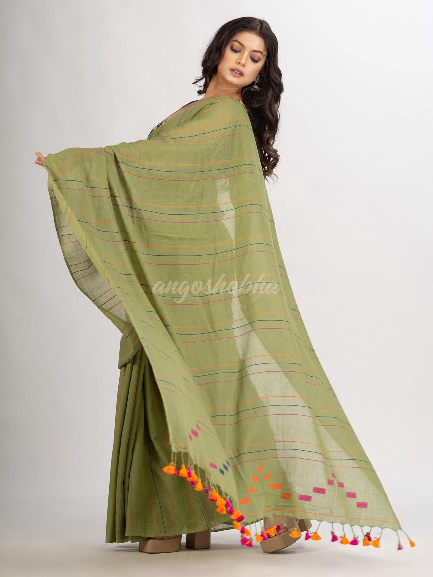 Sage Green Handwoven Cotton Jamdani handloom Saree