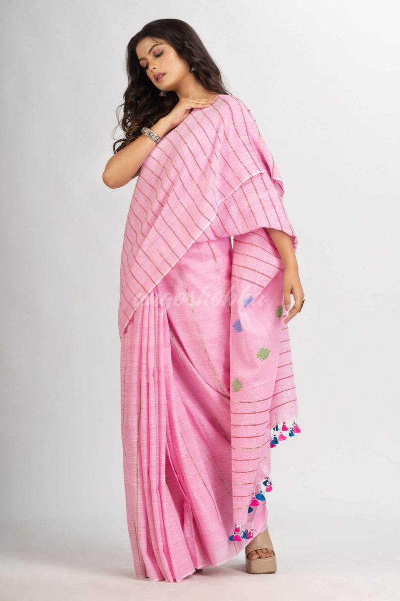 Pink Handwoven Cotton Jamdani handloom Saree