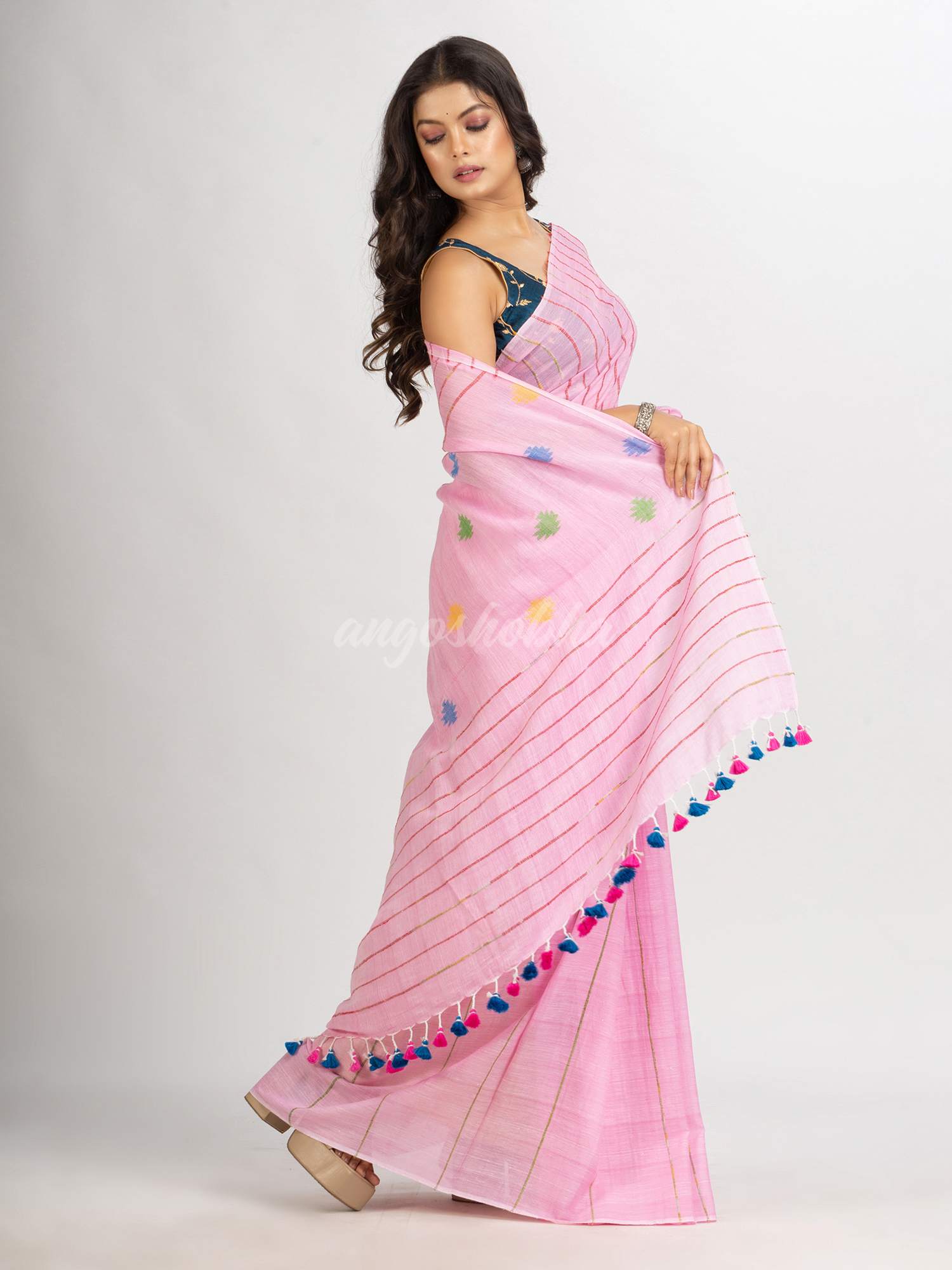 Pink Handwoven Cotton Jamdani handloom Saree