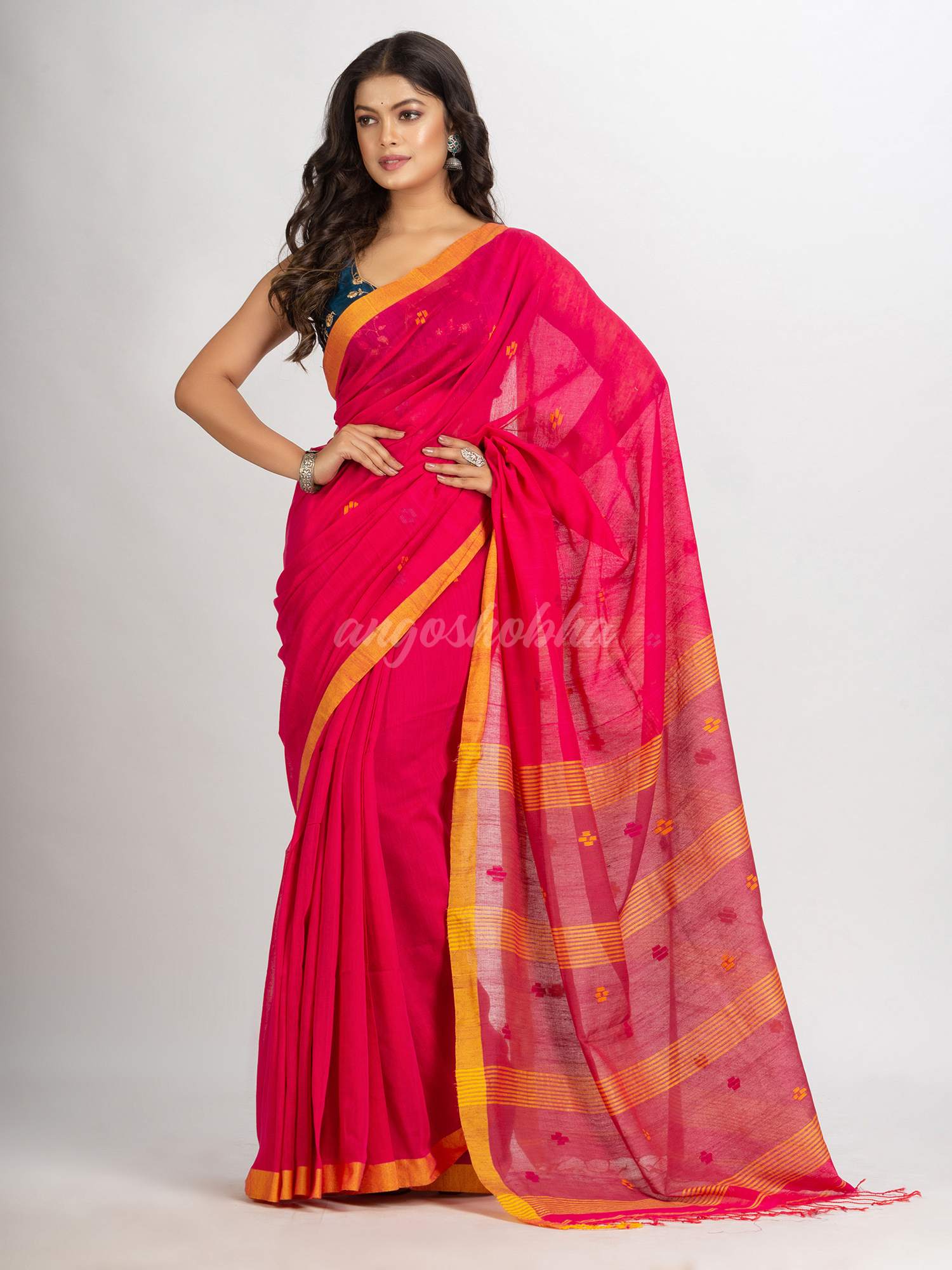 Pink Handwoven Cotton Jamdani  handloom Saree