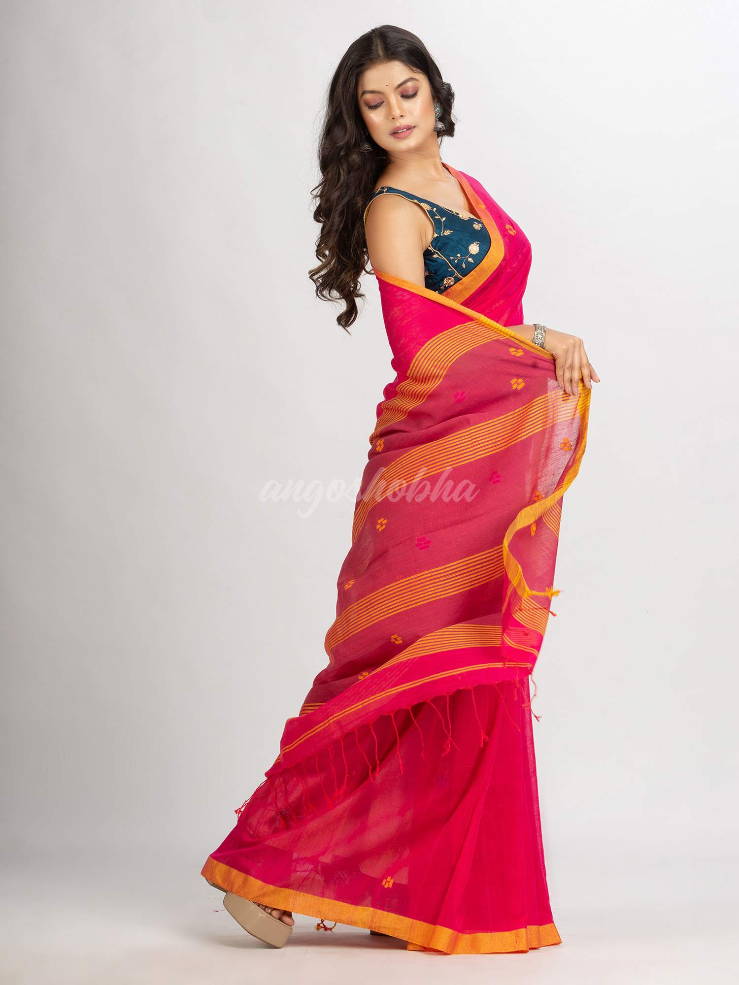 Pink Handwoven Cotton Jamdani  handloom Saree