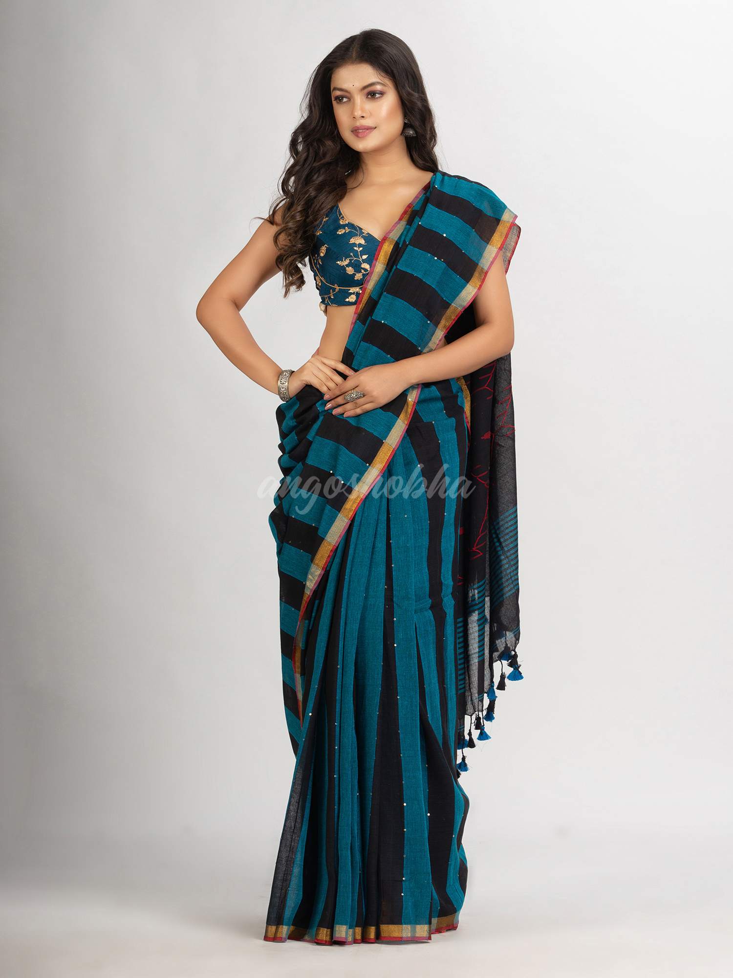 Black Sky Blue Stipe Handwoven Cotton Jamdani  handloom Saree