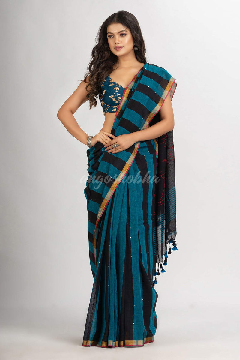 Black Sky Blue Stipe Handwoven Cotton Jamdani  handloom Saree