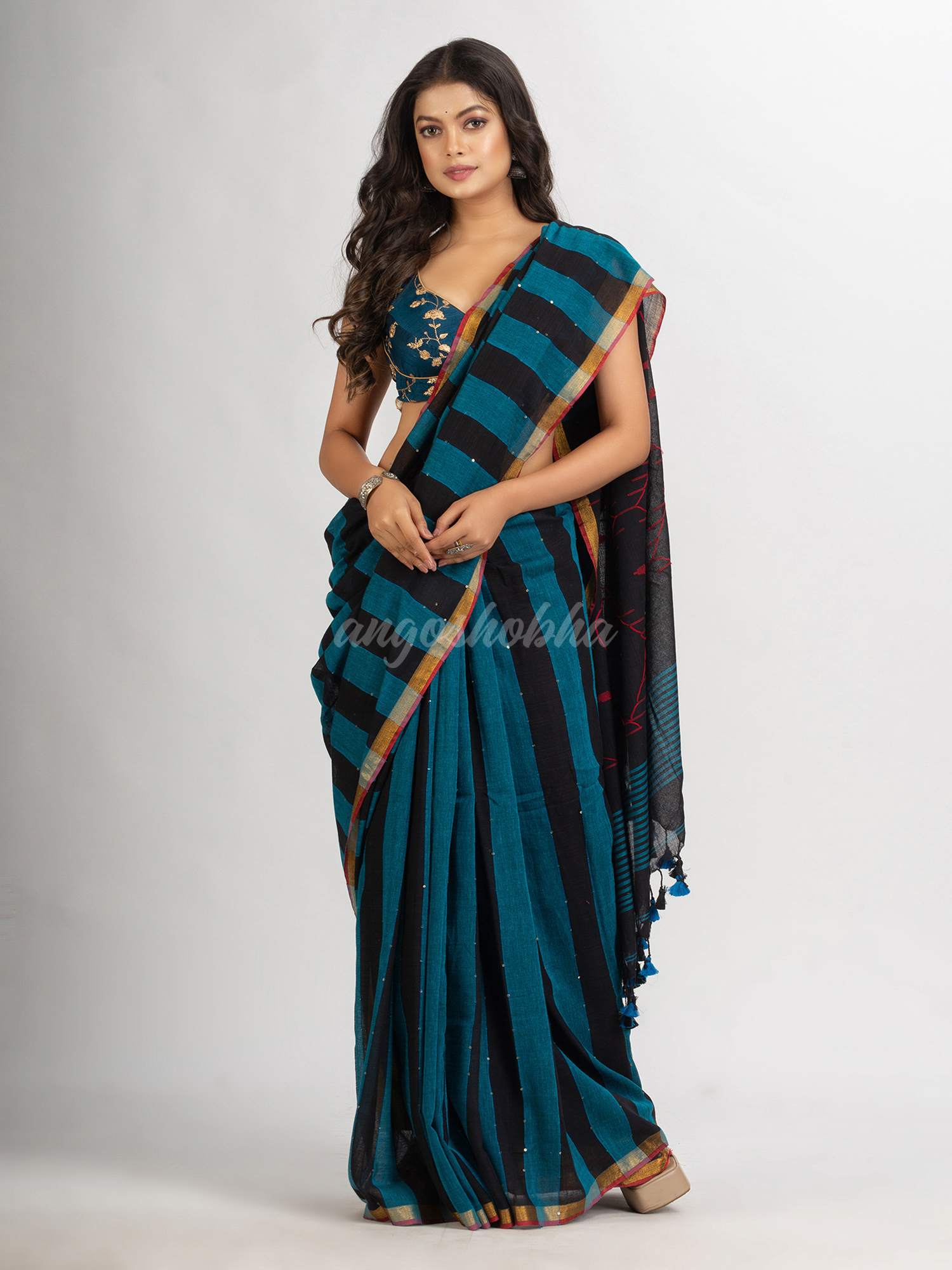 Black Sky Blue Stipe Handwoven Cotton Jamdani  handloom Saree
