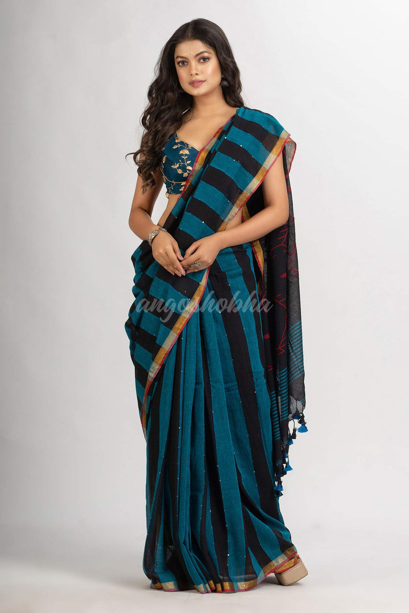 Black Sky Blue Stipe Handwoven Cotton Jamdani  handloom Saree