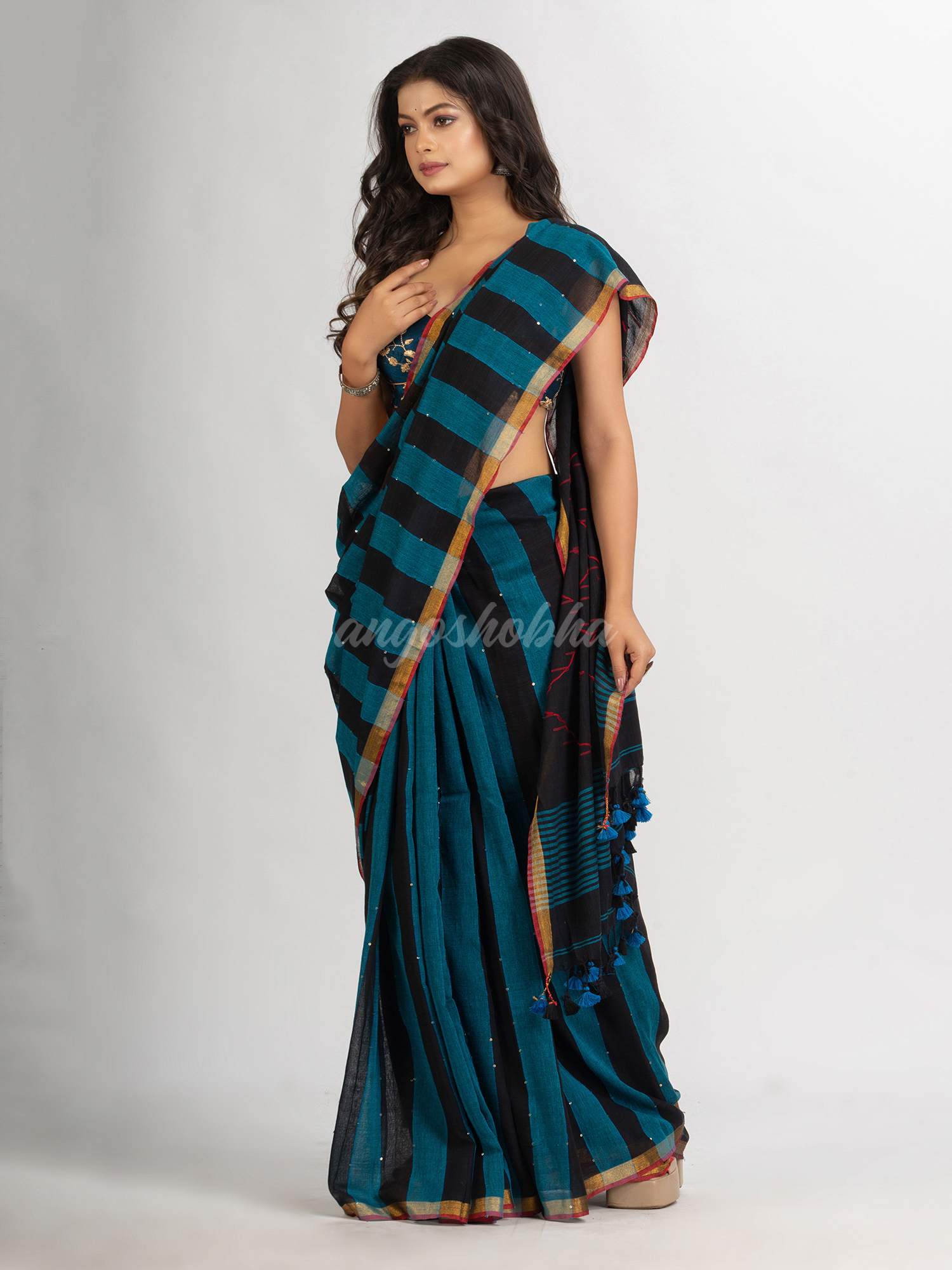 Black Sky Blue Stipe Handwoven Cotton Jamdani  handloom Saree