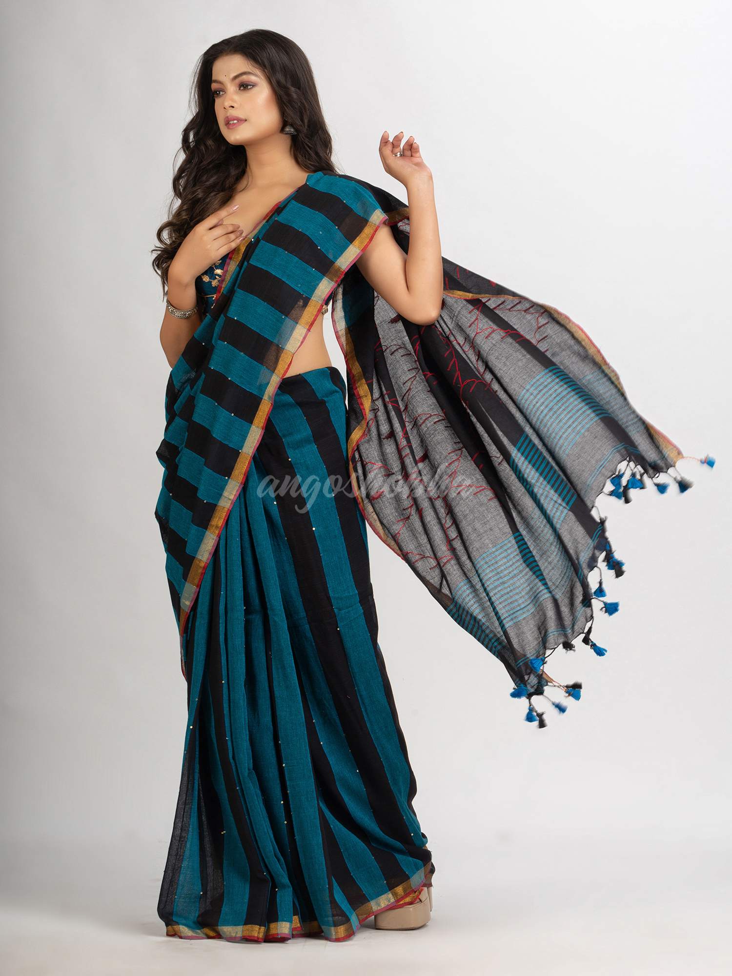 Black Sky Blue Stipe Handwoven Cotton Jamdani  handloom Saree