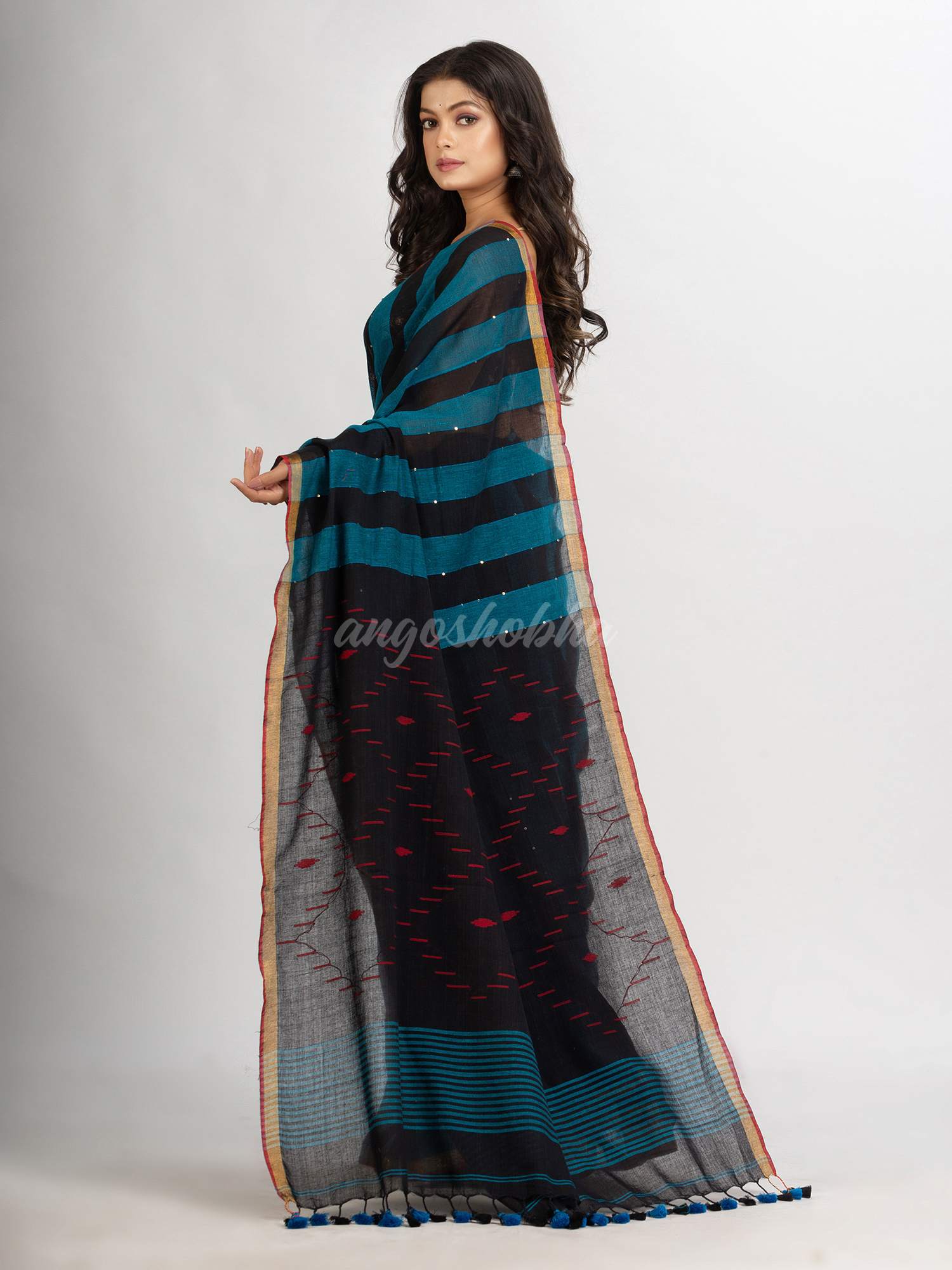 Black Sky Blue Stipe Handwoven Cotton Jamdani  handloom Saree