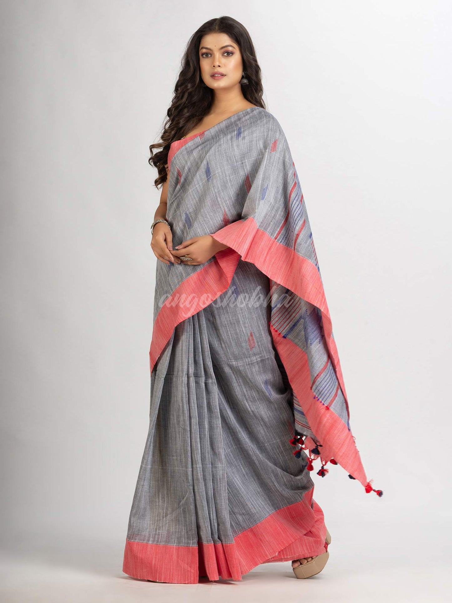 Steel Grey Handwoven Cotton Jamdani handloom Saree