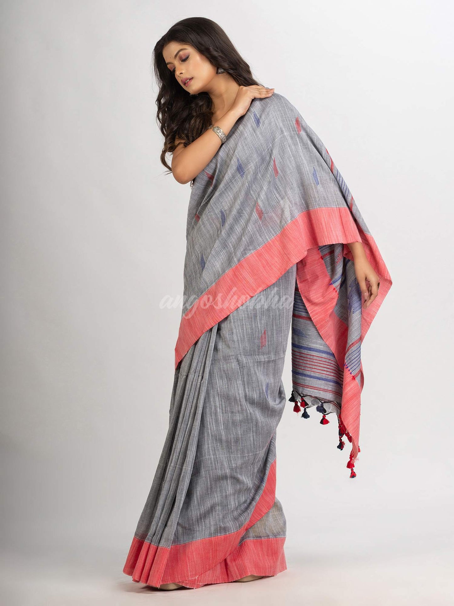 Steel Grey Handwoven Cotton Jamdani handloom Saree