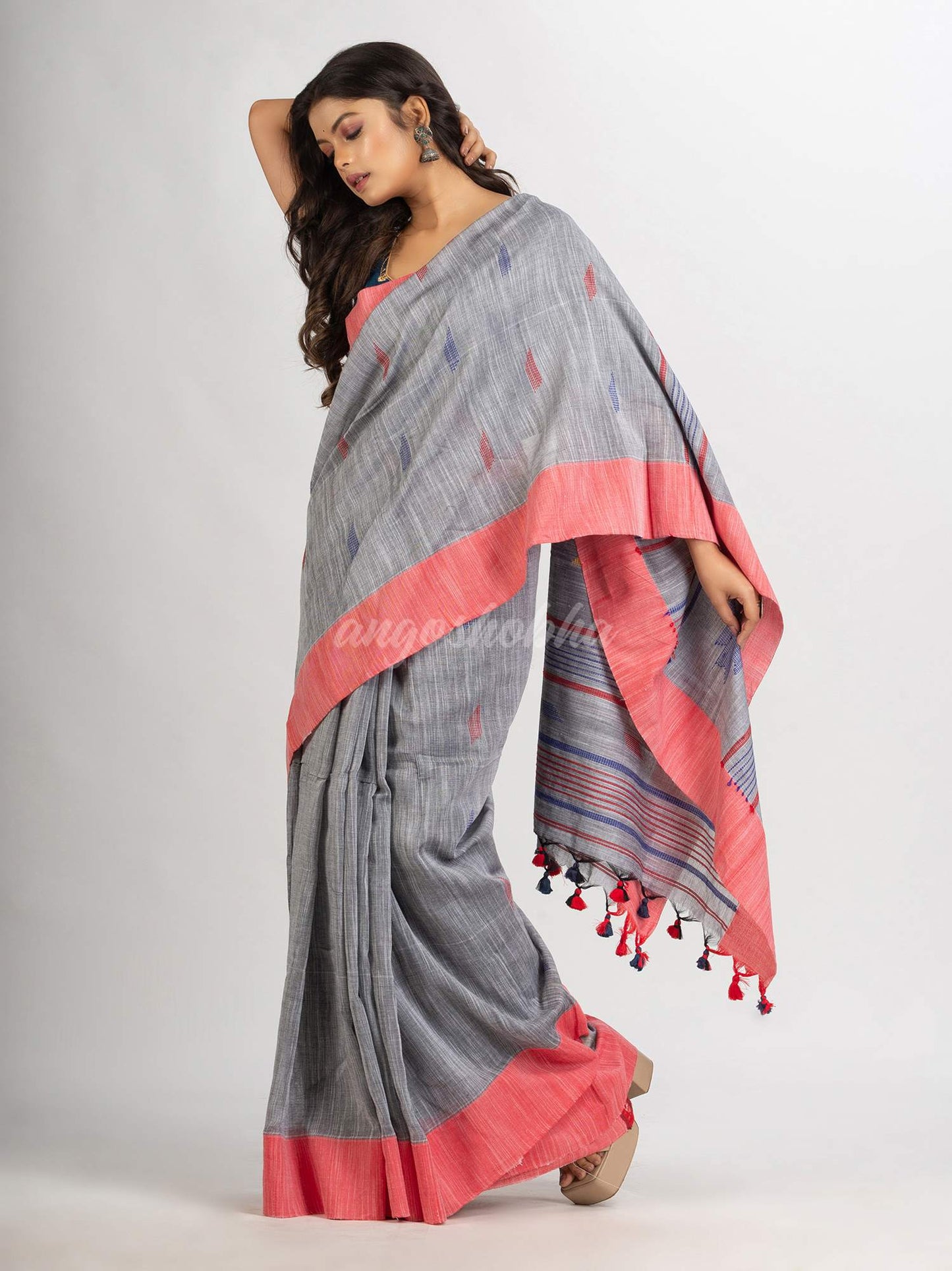 Steel Grey Handwoven Cotton Jamdani handloom Saree