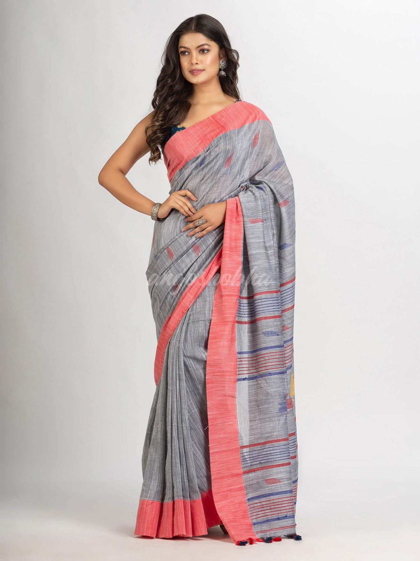 Steel Grey Handwoven Cotton Jamdani handloom Saree