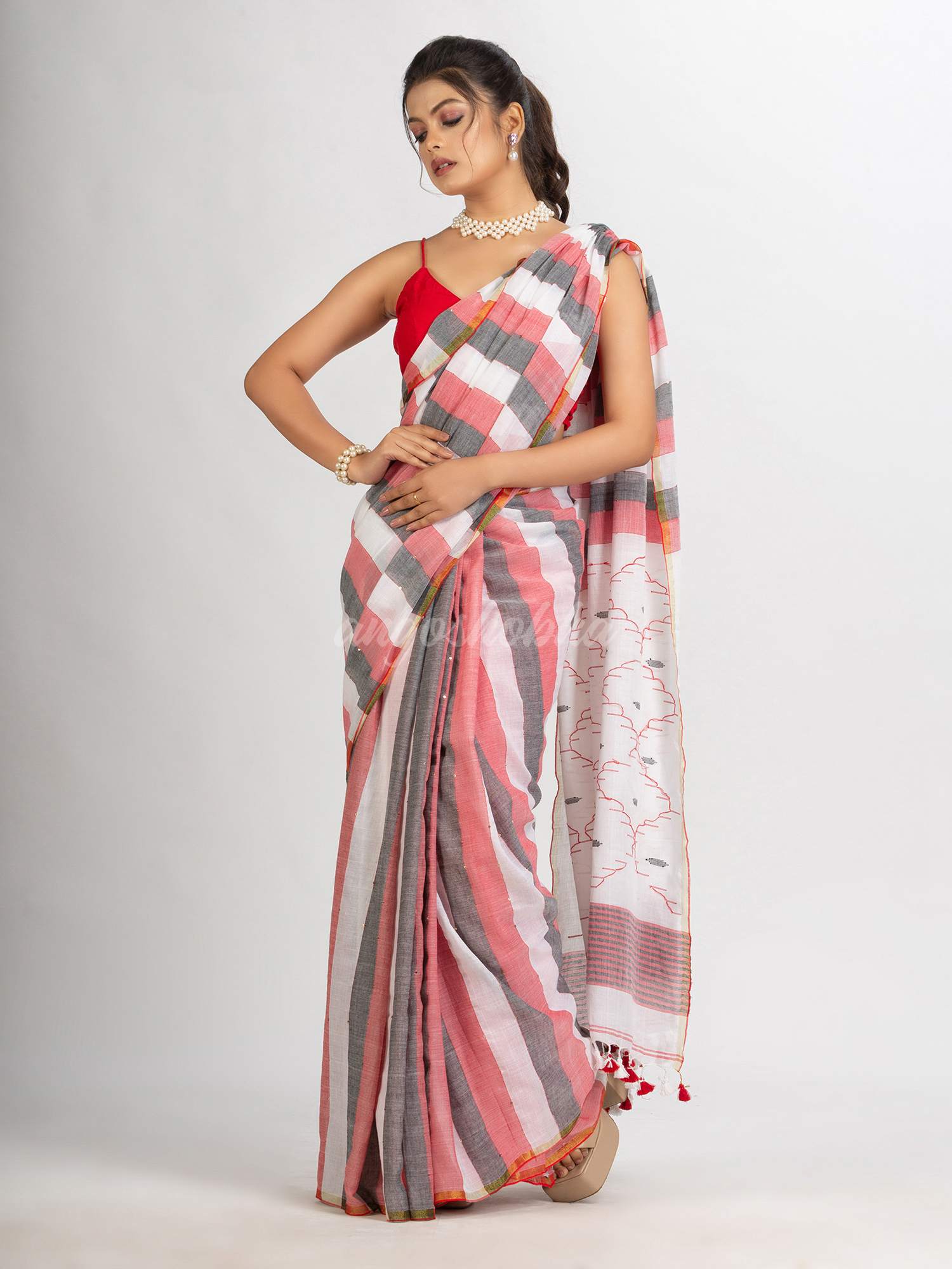 White Black and Red Stipe Handwoven Cotton Jamdani handloom Saree