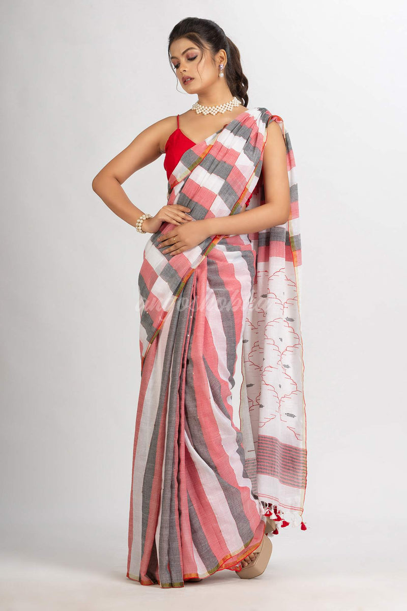 White Black and Red Stipe Handwoven Cotton Jamdani handloom Saree