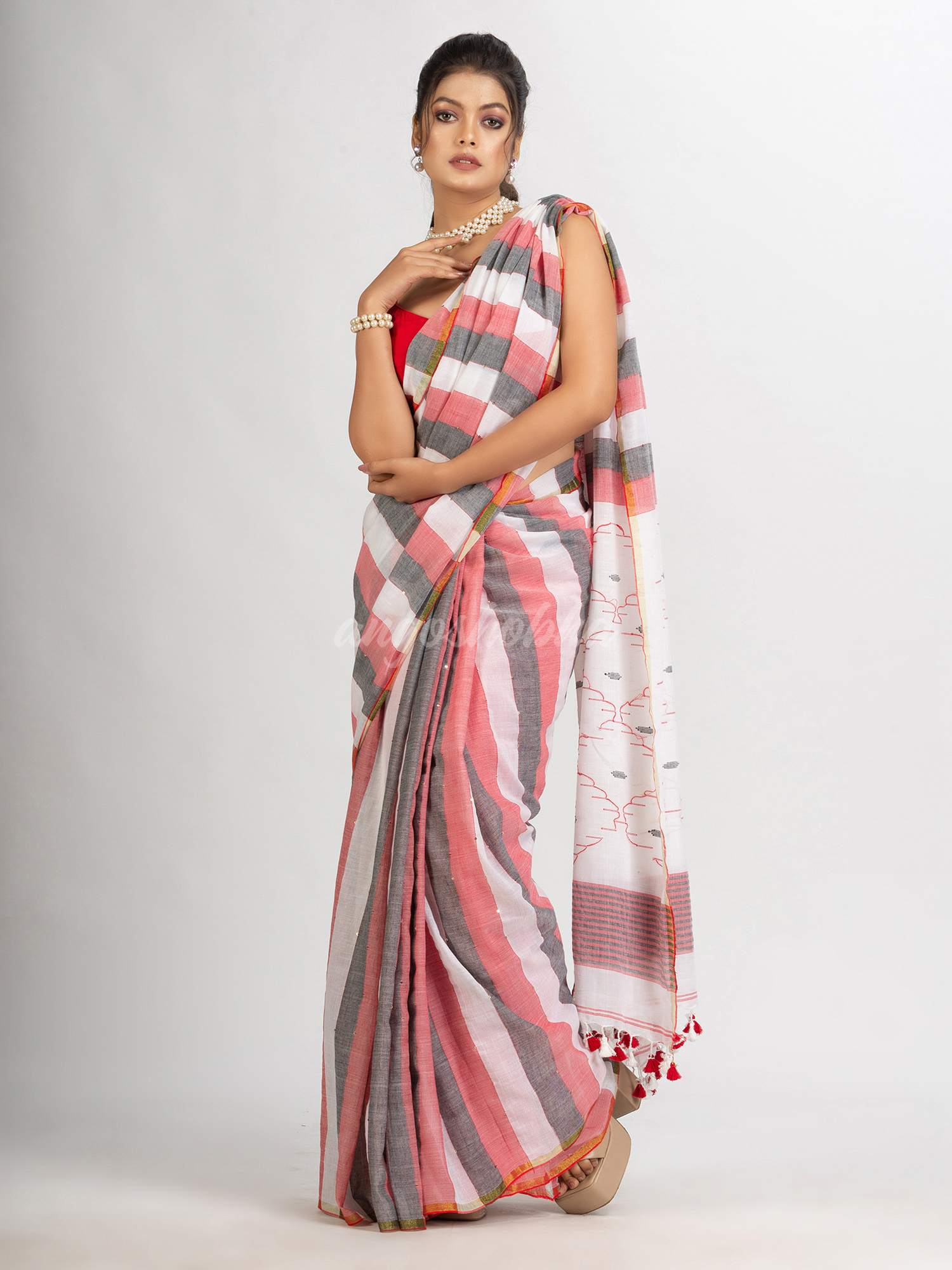 White Black and Red Stipe Handwoven Cotton Jamdani handloom Saree