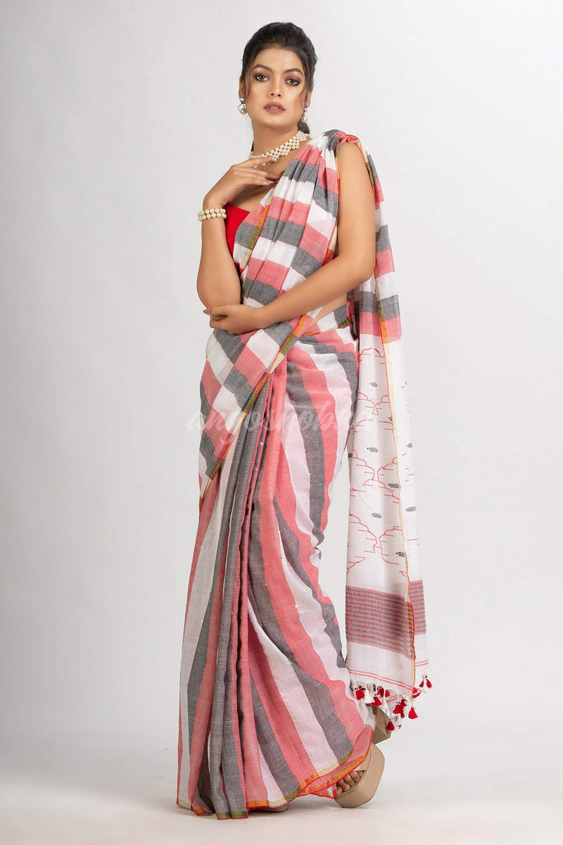 White Black and Red Stipe Handwoven Cotton Jamdani handloom Saree