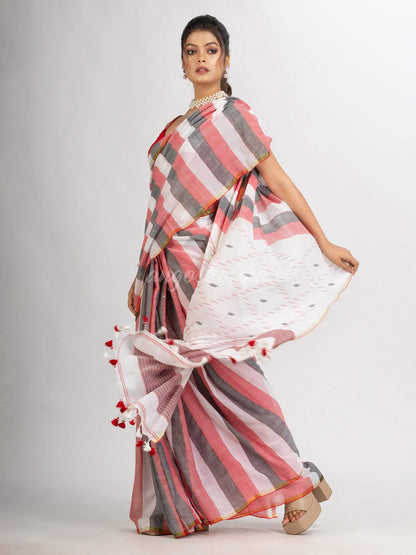 White Black and Red Stipe Handwoven Cotton Jamdani handloom Saree