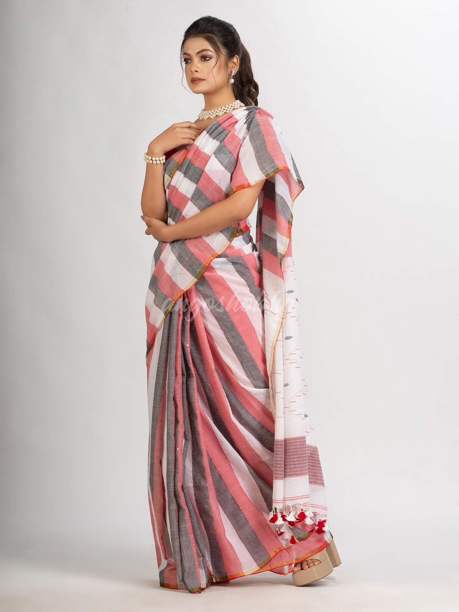 White Black and Red Stipe Handwoven Cotton Jamdani handloom Saree