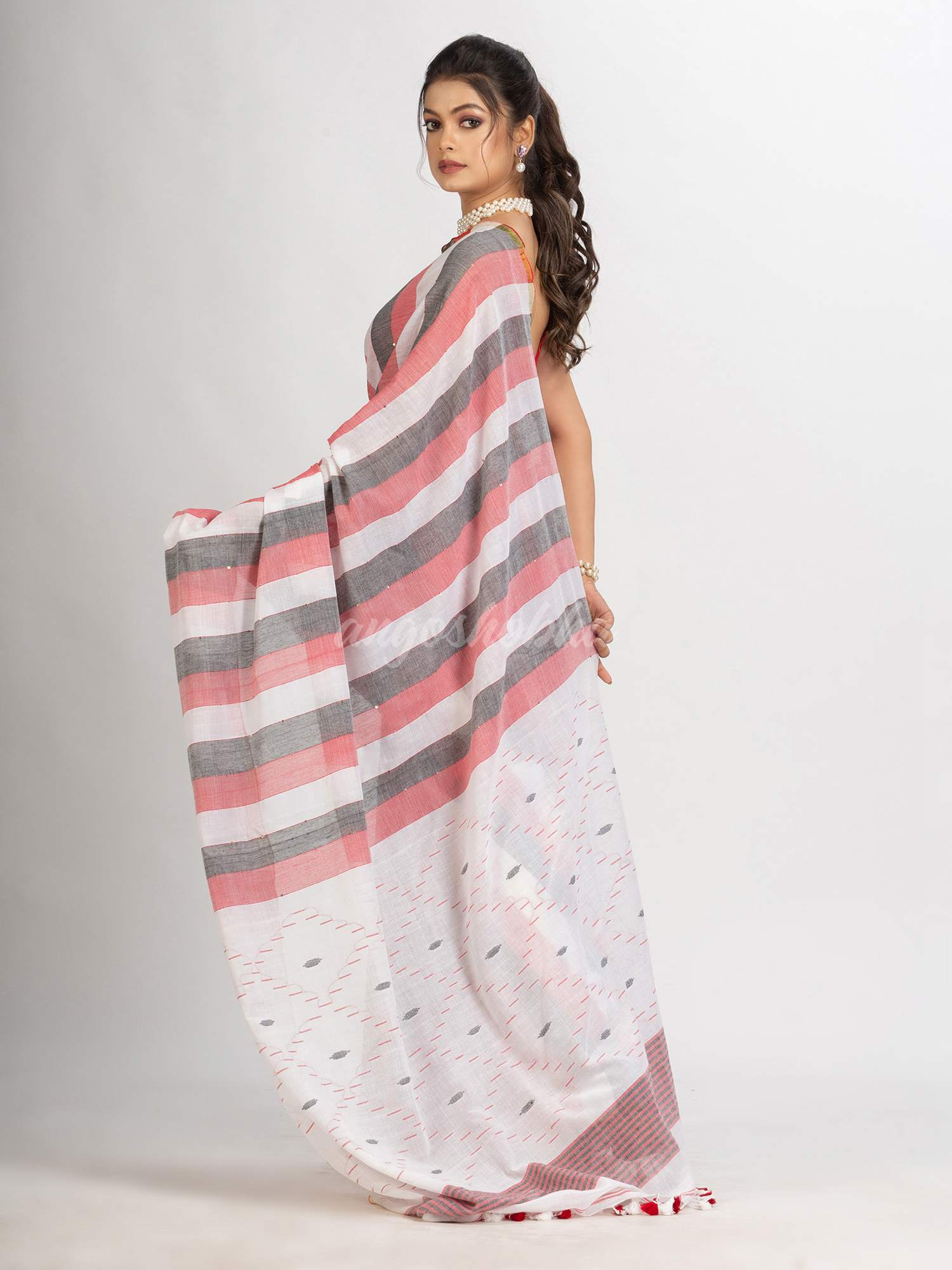 White Black and Red Stipe Handwoven Cotton Jamdani handloom Saree