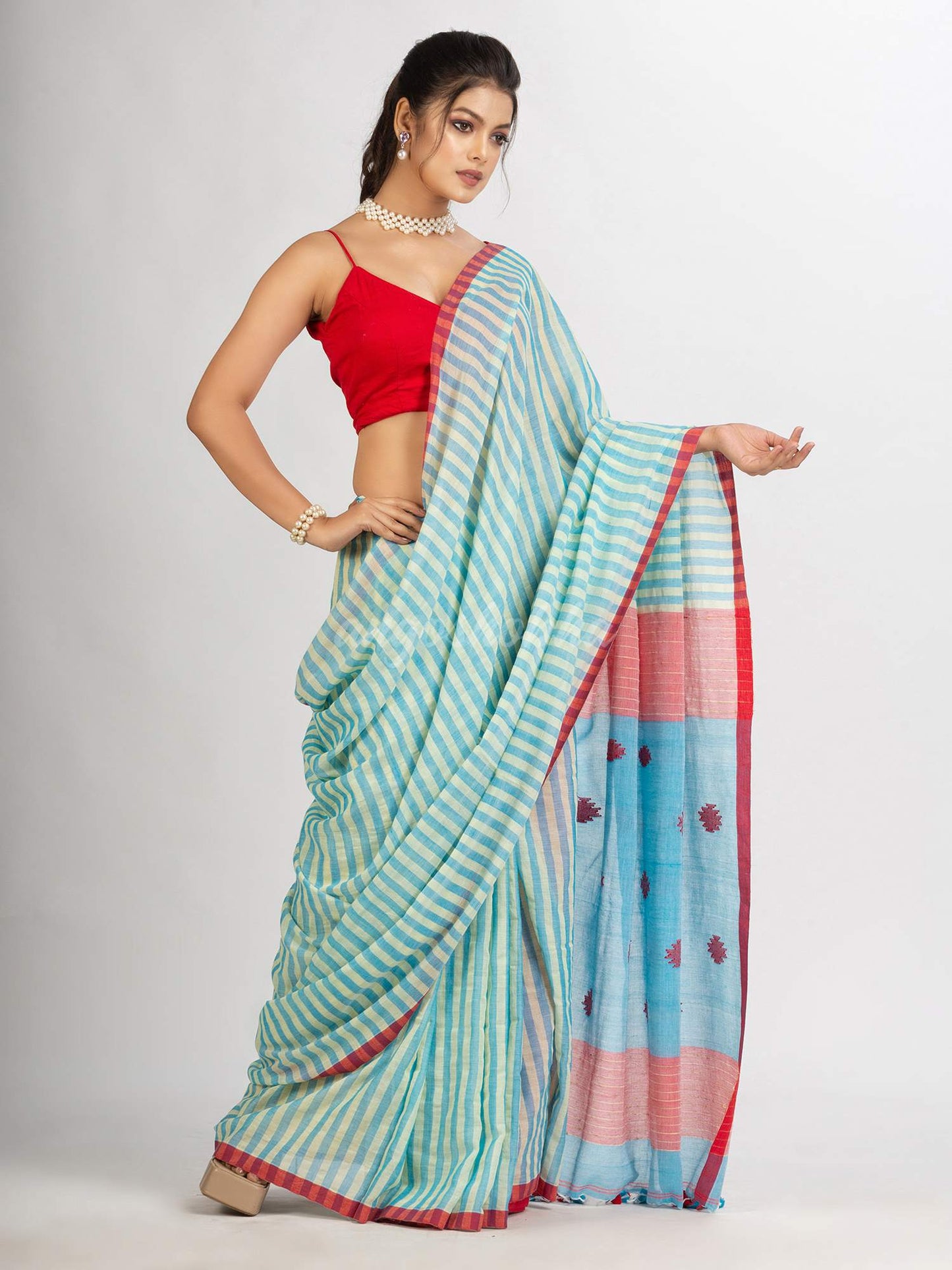 Sky Blue yellow Stipe Handwoven Cotton Jamdani handloom Saree