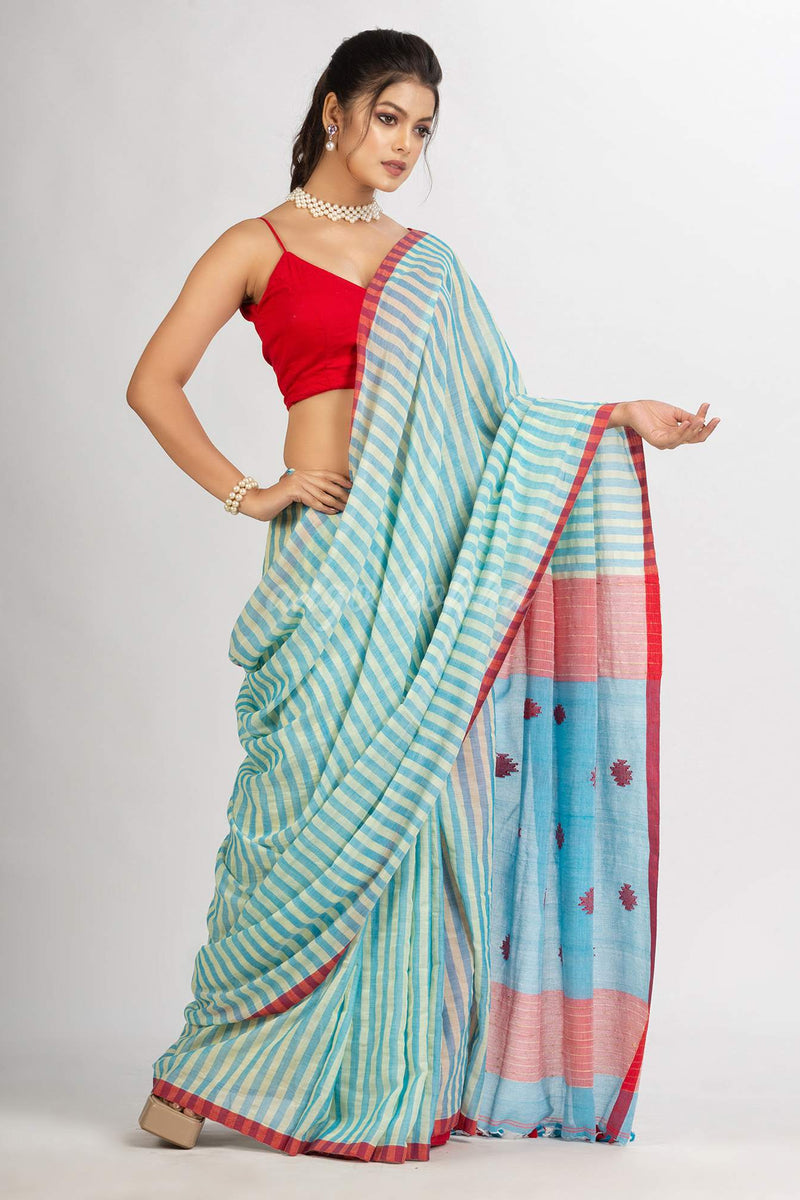 Sky Blue yellow Stipe Handwoven Cotton Jamdani handloom Saree