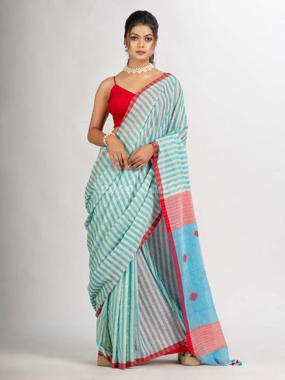 Sky Blue yellow Stipe Handwoven Cotton Jamdani handloom Saree