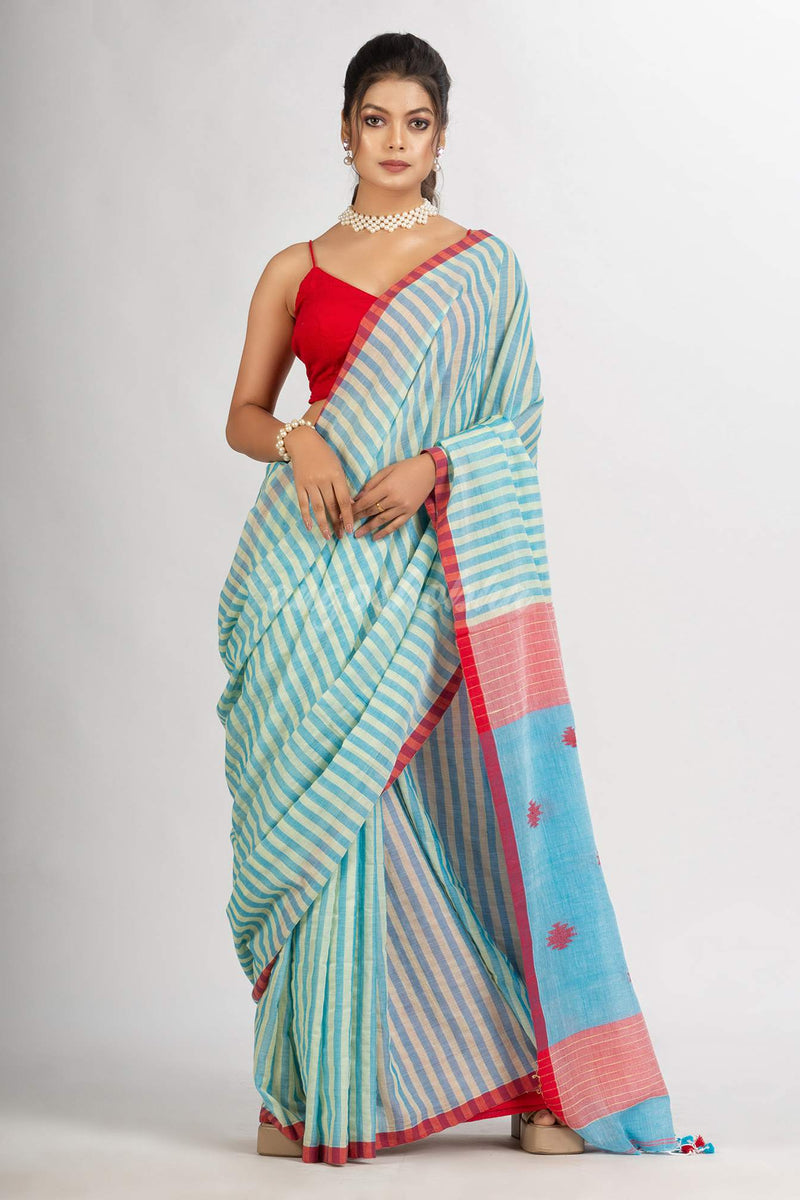 Sky Blue yellow Stipe Handwoven Cotton Jamdani handloom Saree