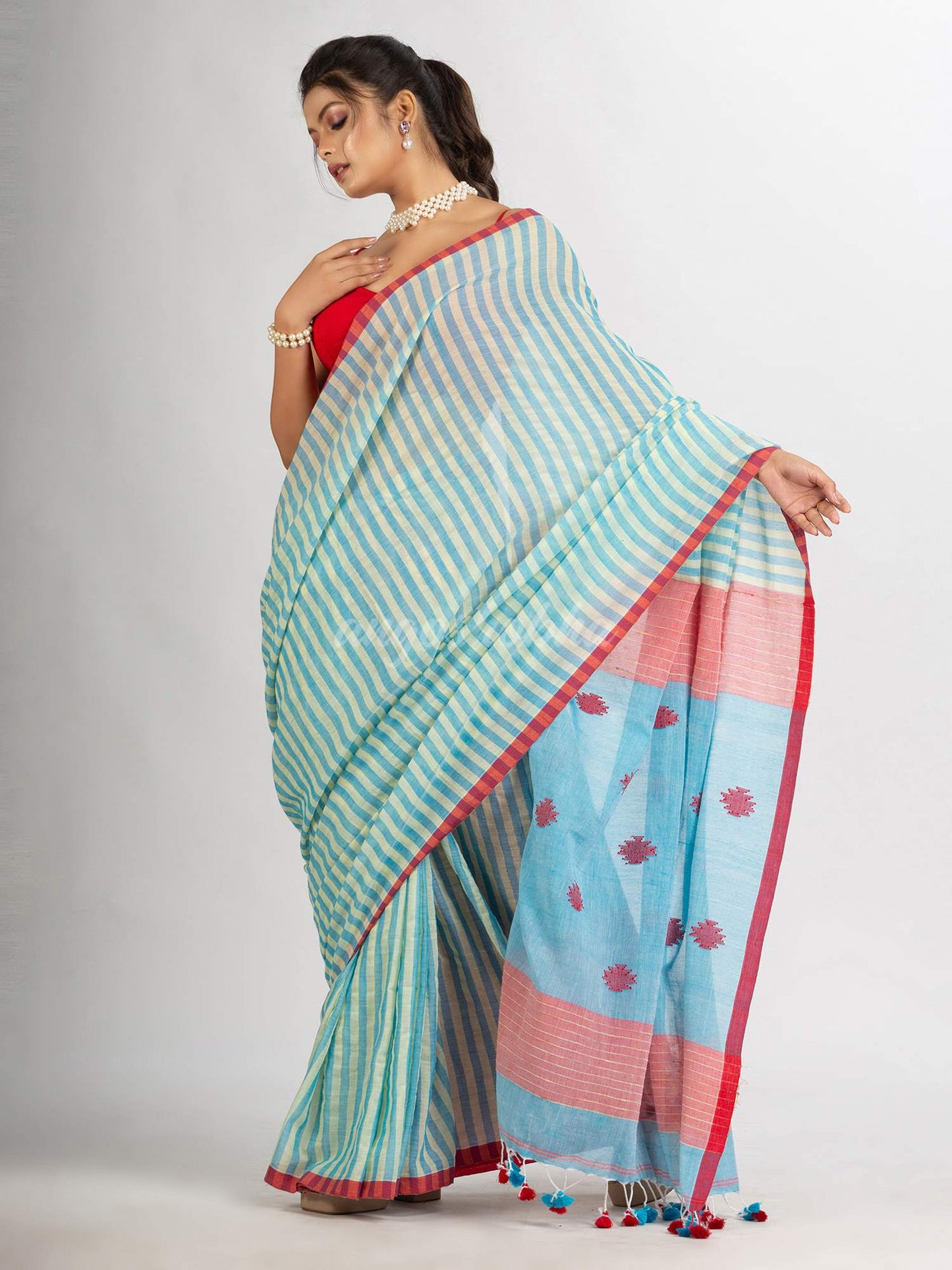 Sky Blue yellow Stipe Handwoven Cotton Jamdani handloom Saree