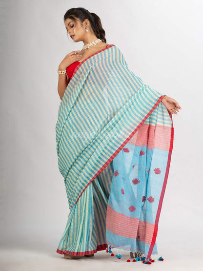 Sky Blue yellow Stipe Handwoven Cotton Jamdani handloom Saree