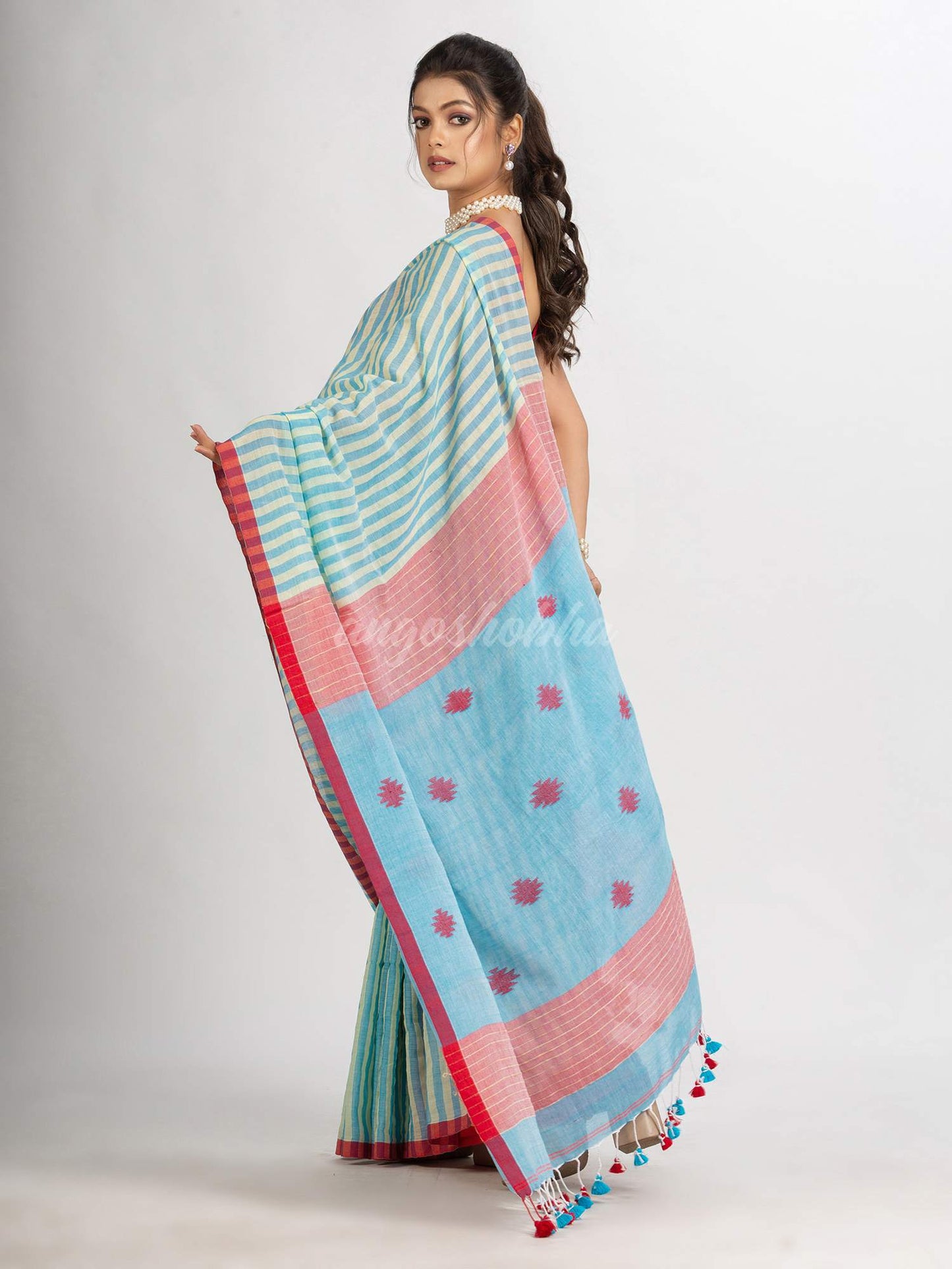 Sky Blue yellow Stipe Handwoven Cotton Jamdani handloom Saree