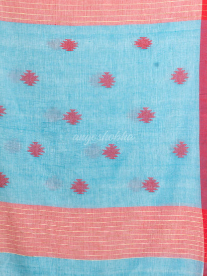 Sky Blue yellow Stipe Handwoven Cotton Jamdani handloom Saree