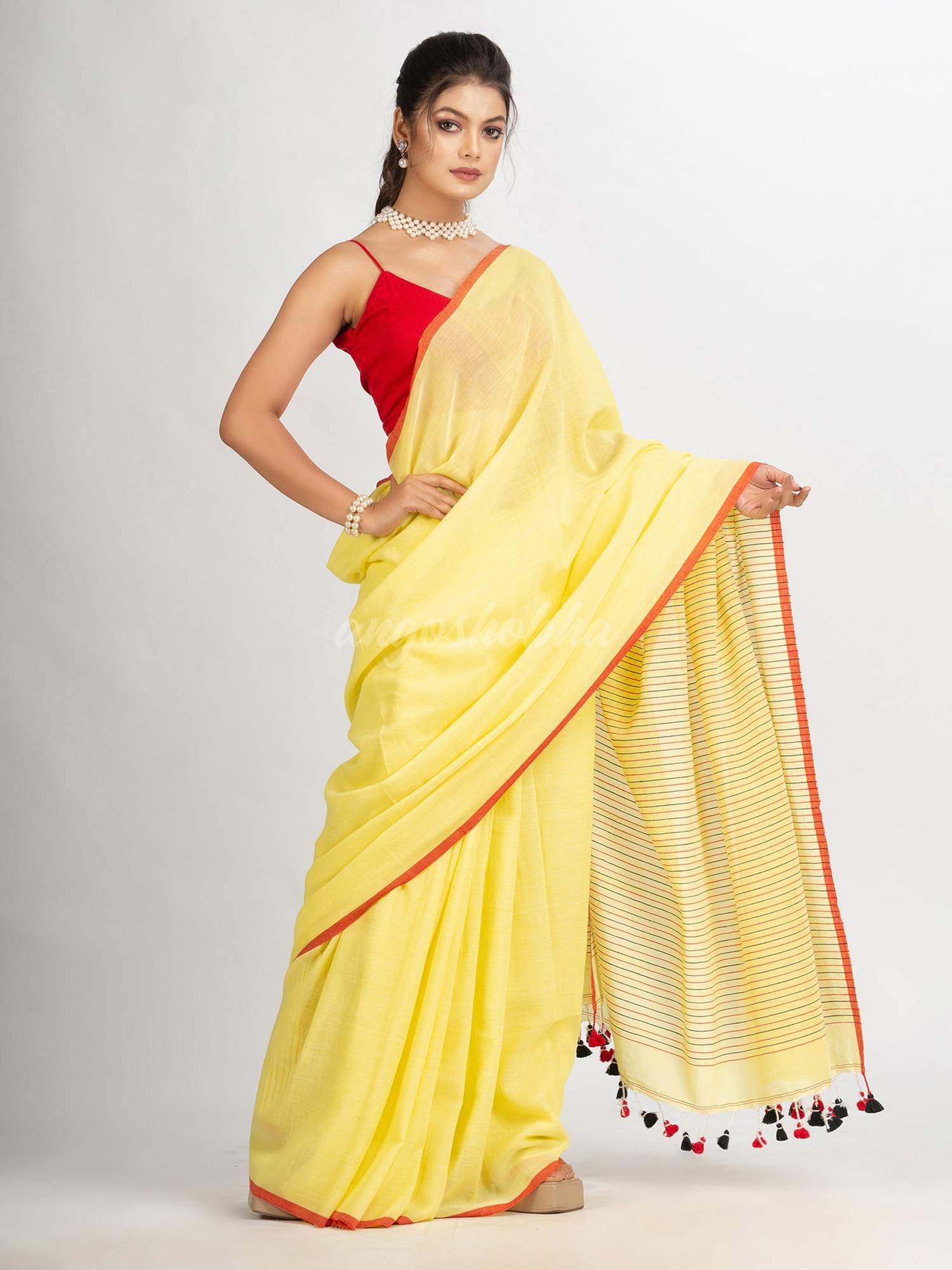 Yellow  Handwoven Cotton Stipe handloom Saree