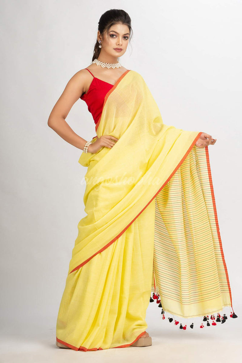 Yellow  Handwoven Cotton Stipe handloom Saree