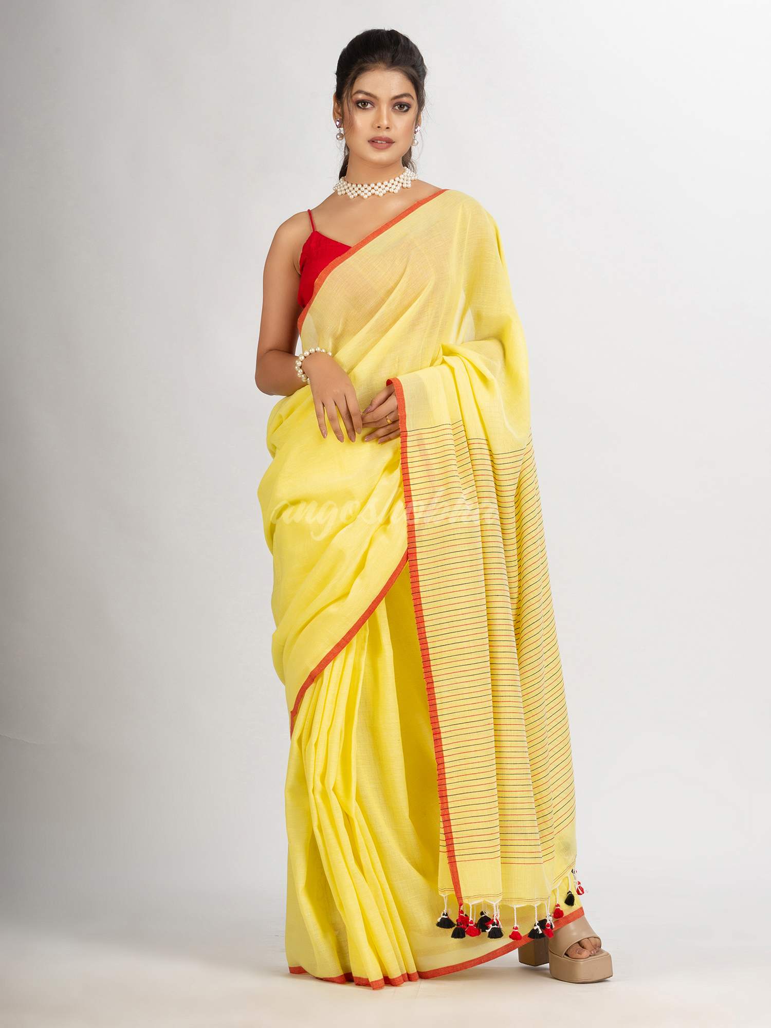 Yellow  Handwoven Cotton Stipe handloom Saree