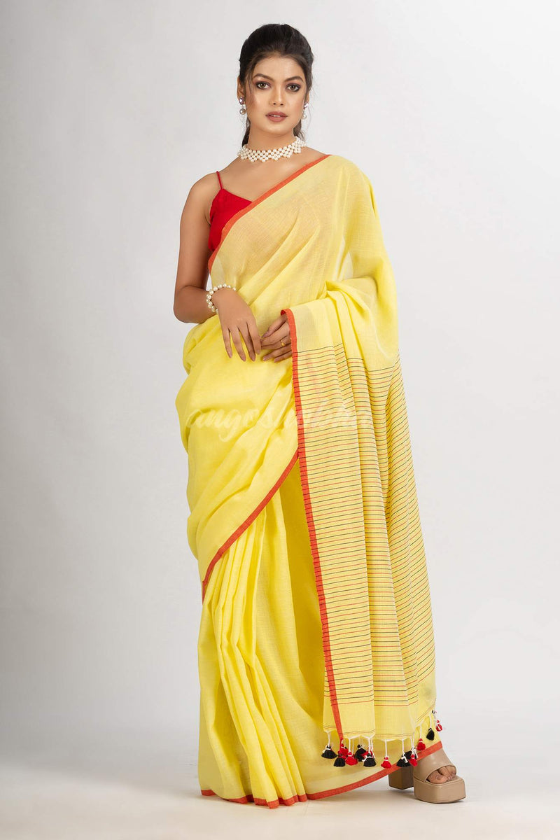 Yellow  Handwoven Cotton Stipe handloom Saree