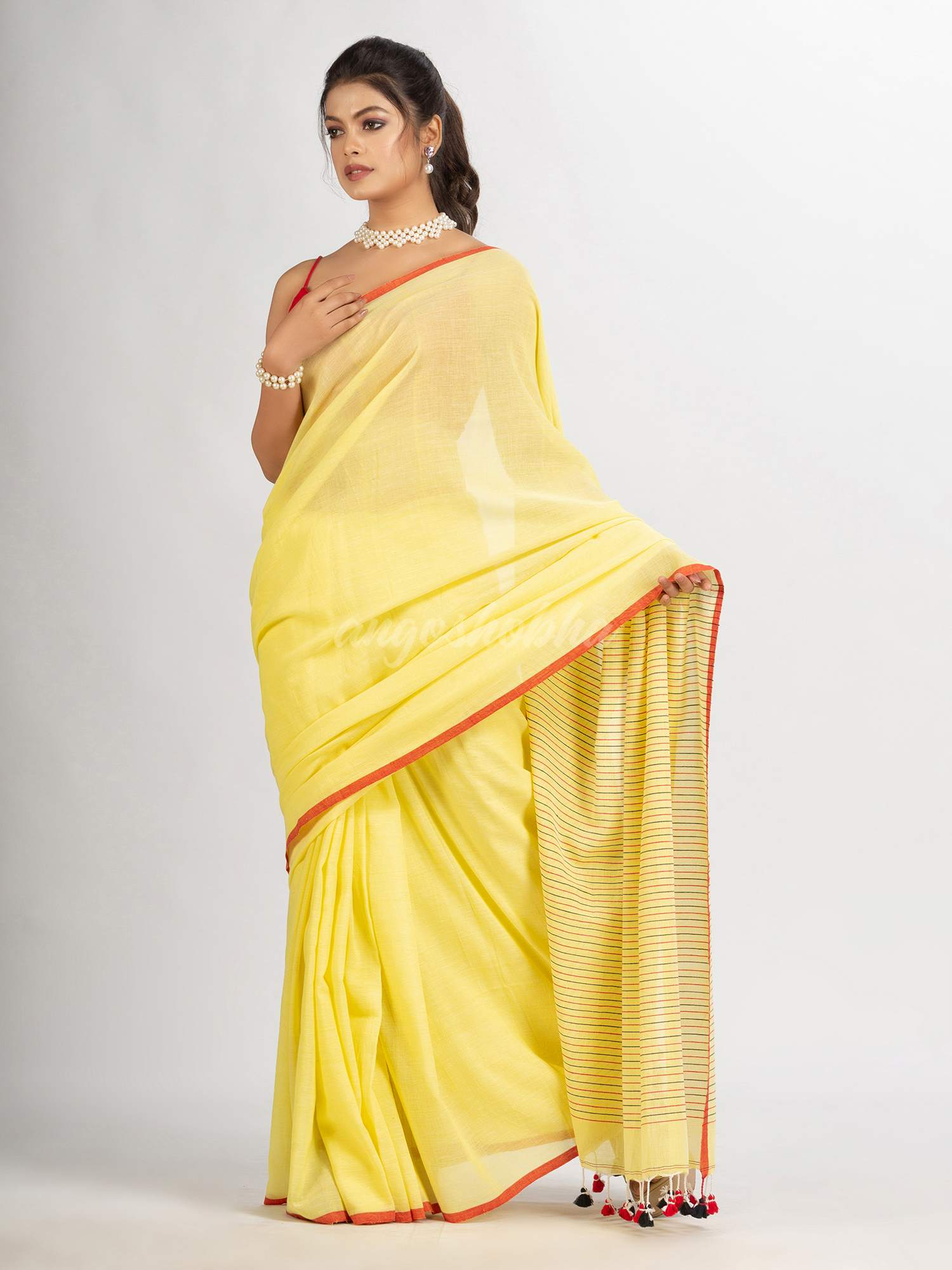 Yellow  Handwoven Cotton Stipe handloom Saree