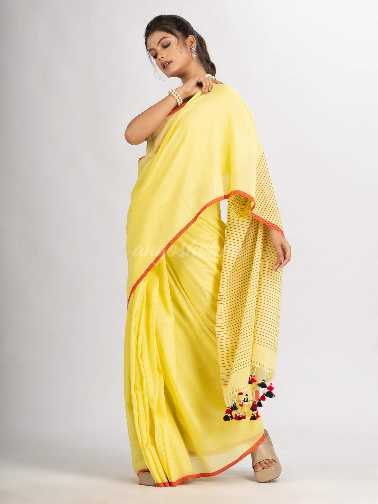 Yellow  Handwoven Cotton Stipe handloom Saree