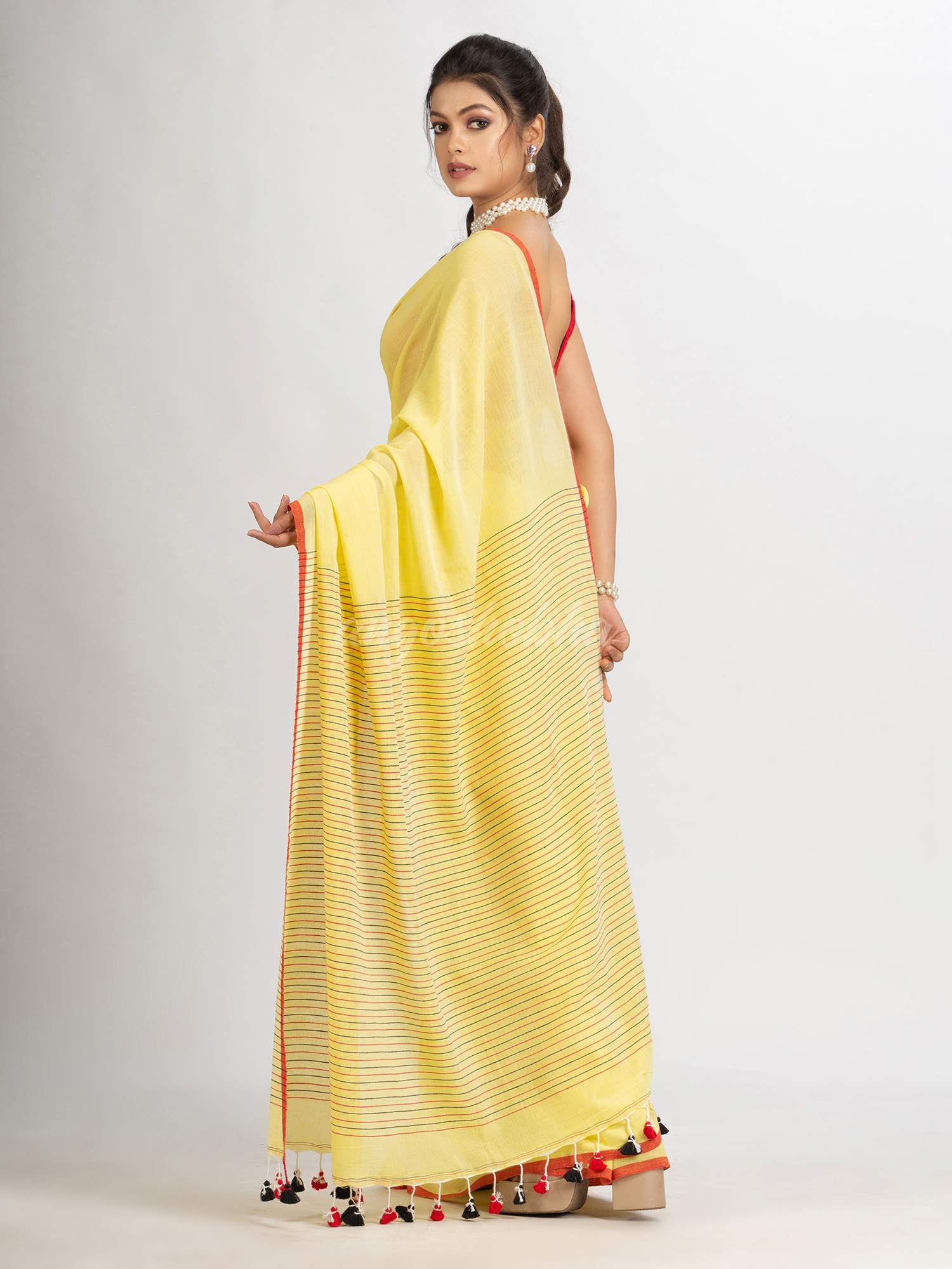 Yellow  Handwoven Cotton Stipe handloom Saree