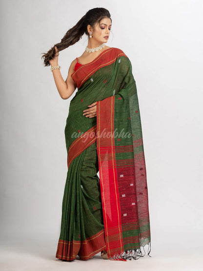 Battle Green Handwoven Cotton Jamdani handloom Saree