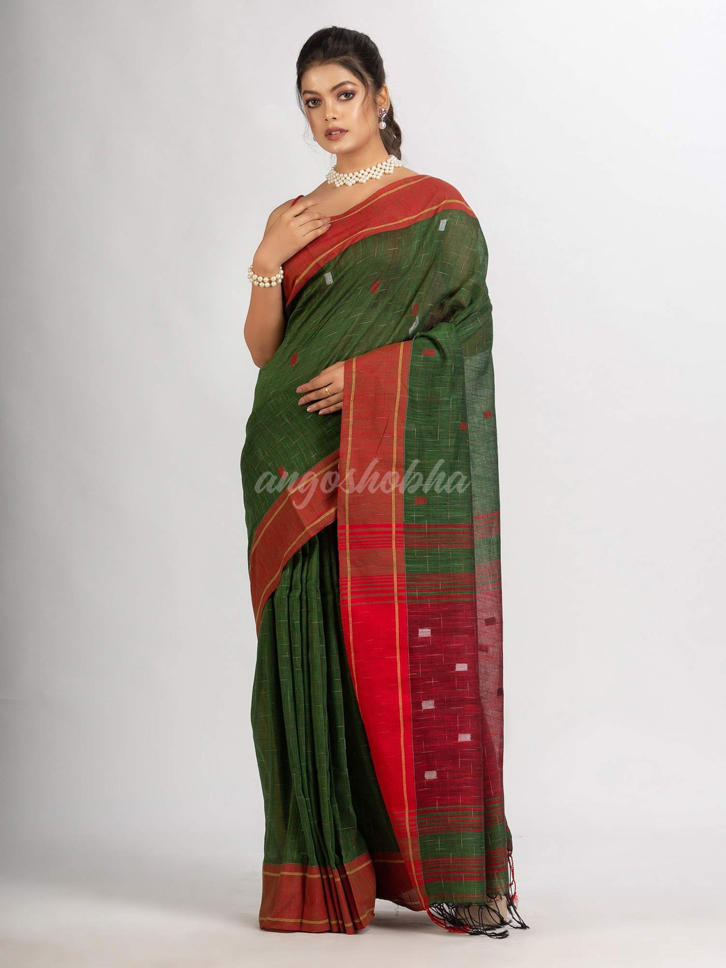 Battle Green Handwoven Cotton Jamdani handloom Saree