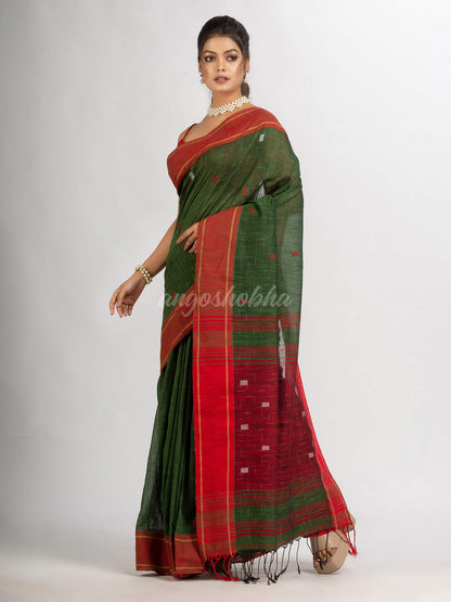 Battle Green Handwoven Cotton Jamdani handloom Saree