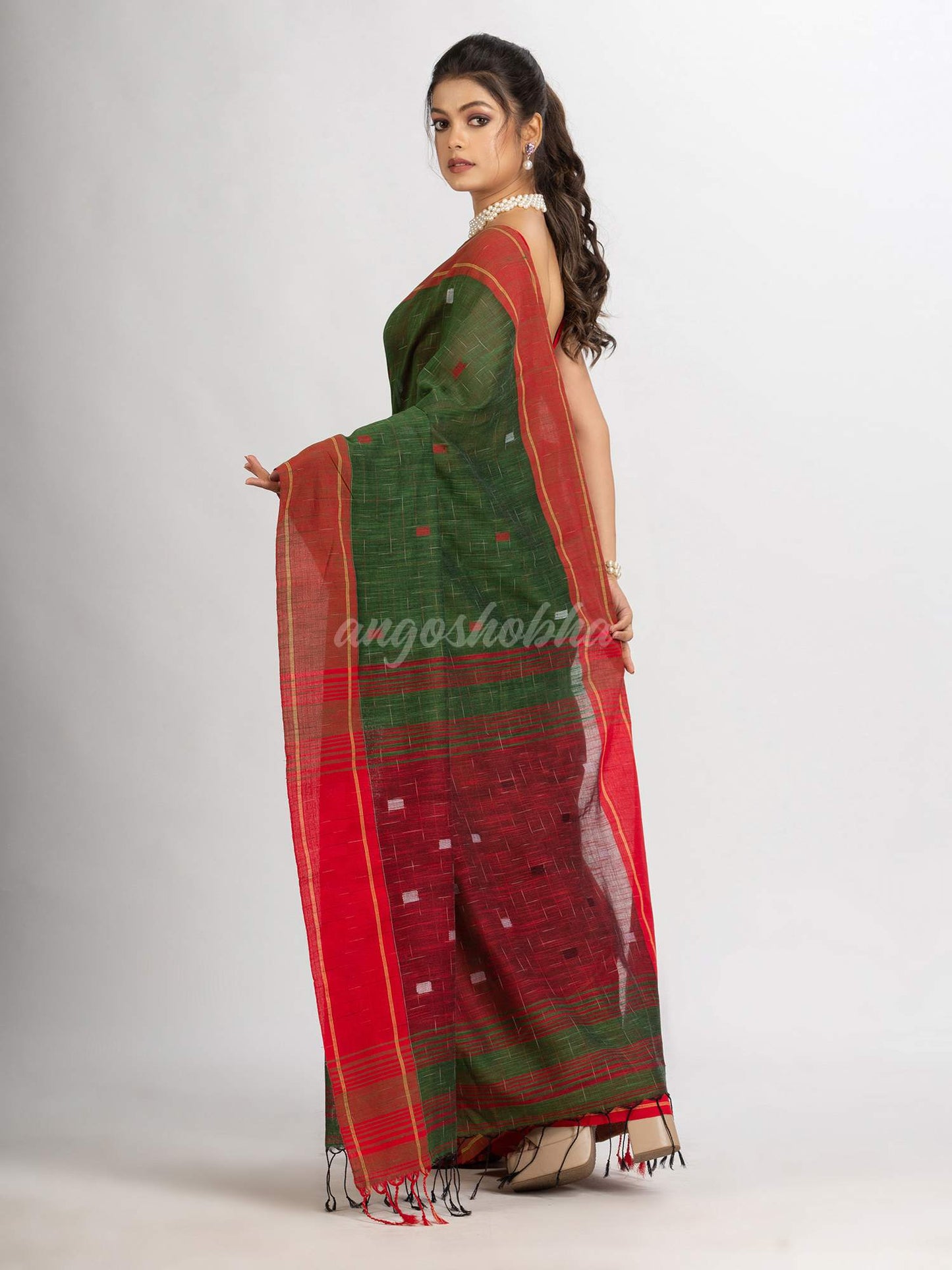 Battle Green Handwoven Cotton Jamdani handloom Saree