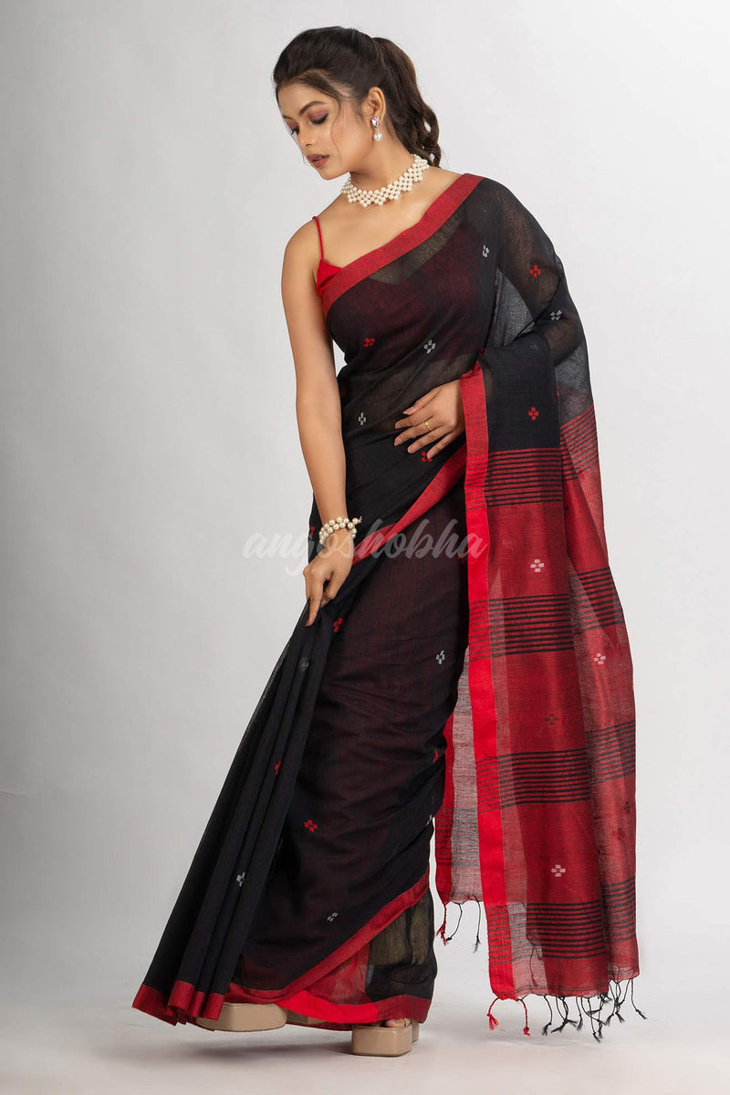 Black Handwoven Cotton Jamdani handloom Saree