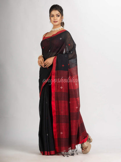 Black Handwoven Cotton Jamdani handloom Saree