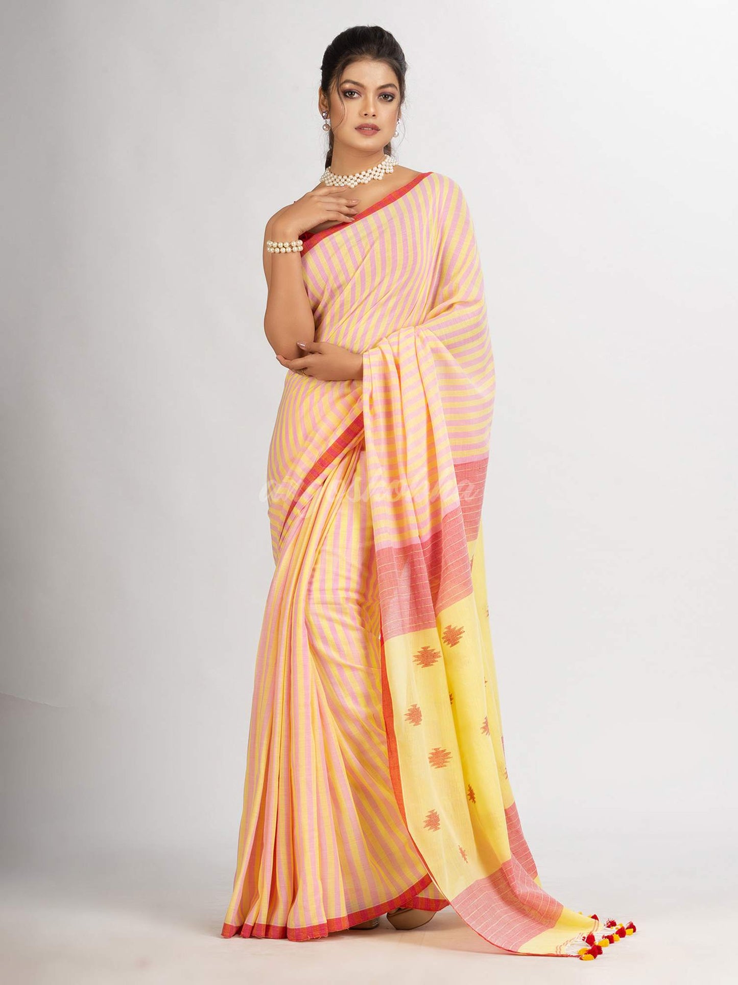 Pink yellow Stipe Handwoven Cotton Jamdani handloom Saree