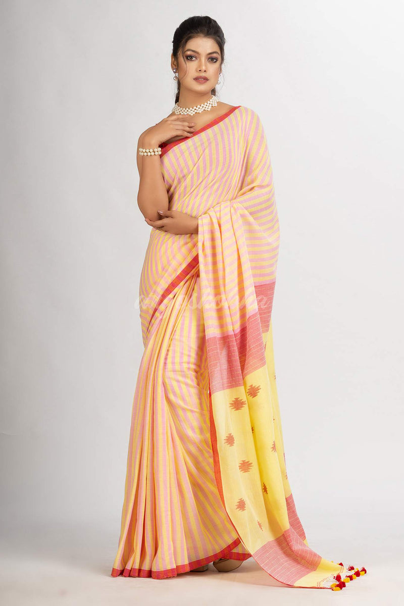 Pink yellow Stipe Handwoven Cotton Jamdani handloom Saree