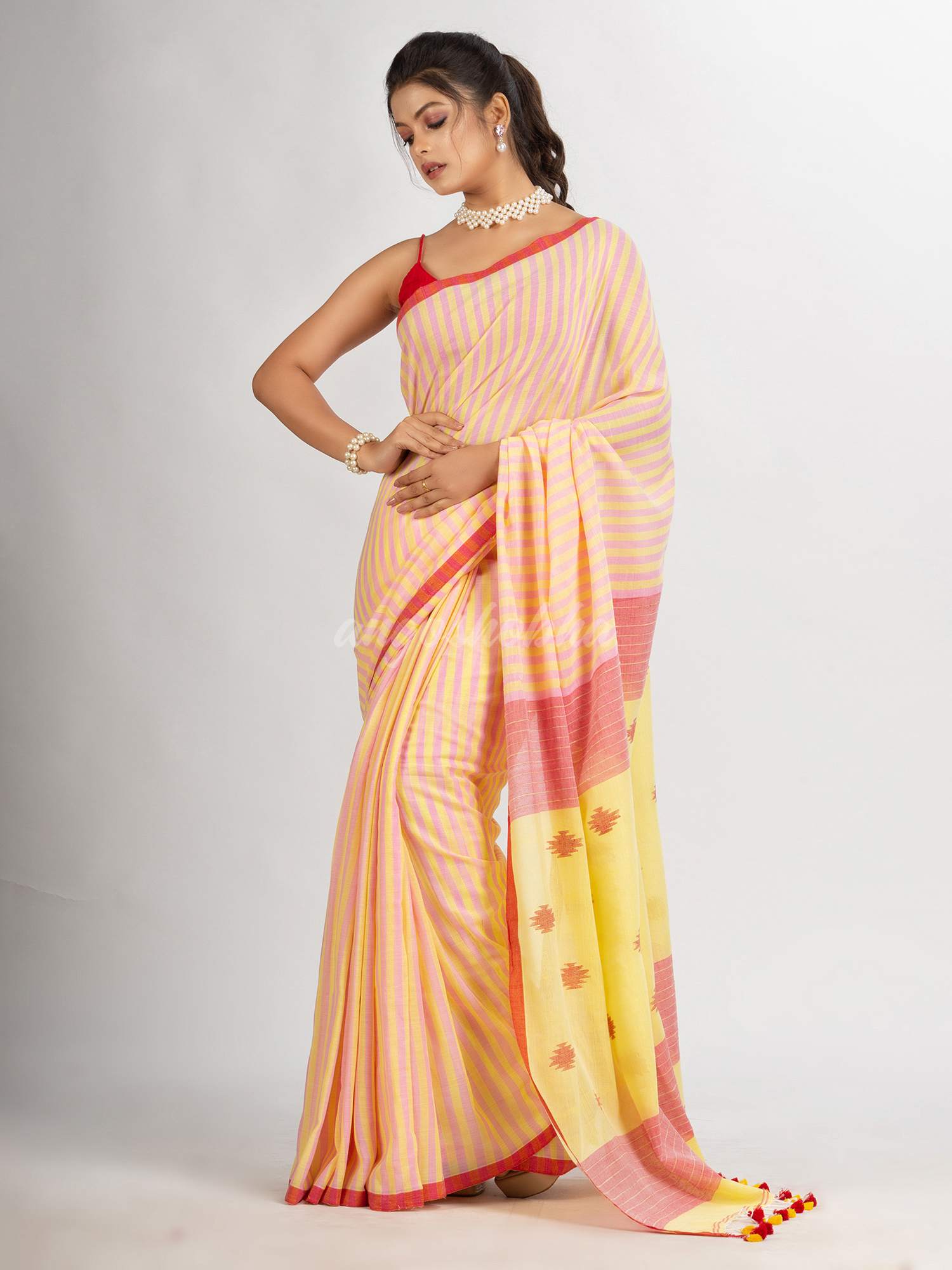 Pink yellow Stipe Handwoven Cotton Jamdani handloom Saree