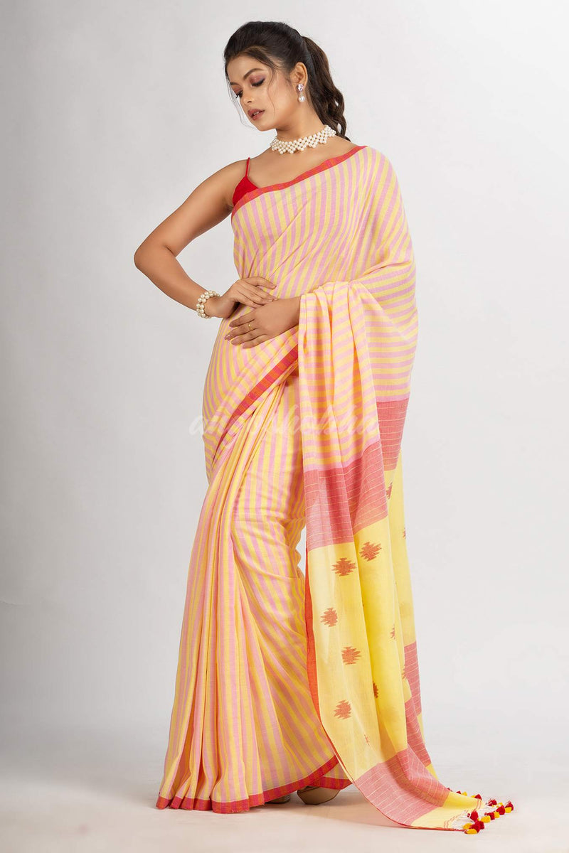 Pink yellow Stipe Handwoven Cotton Jamdani handloom Saree